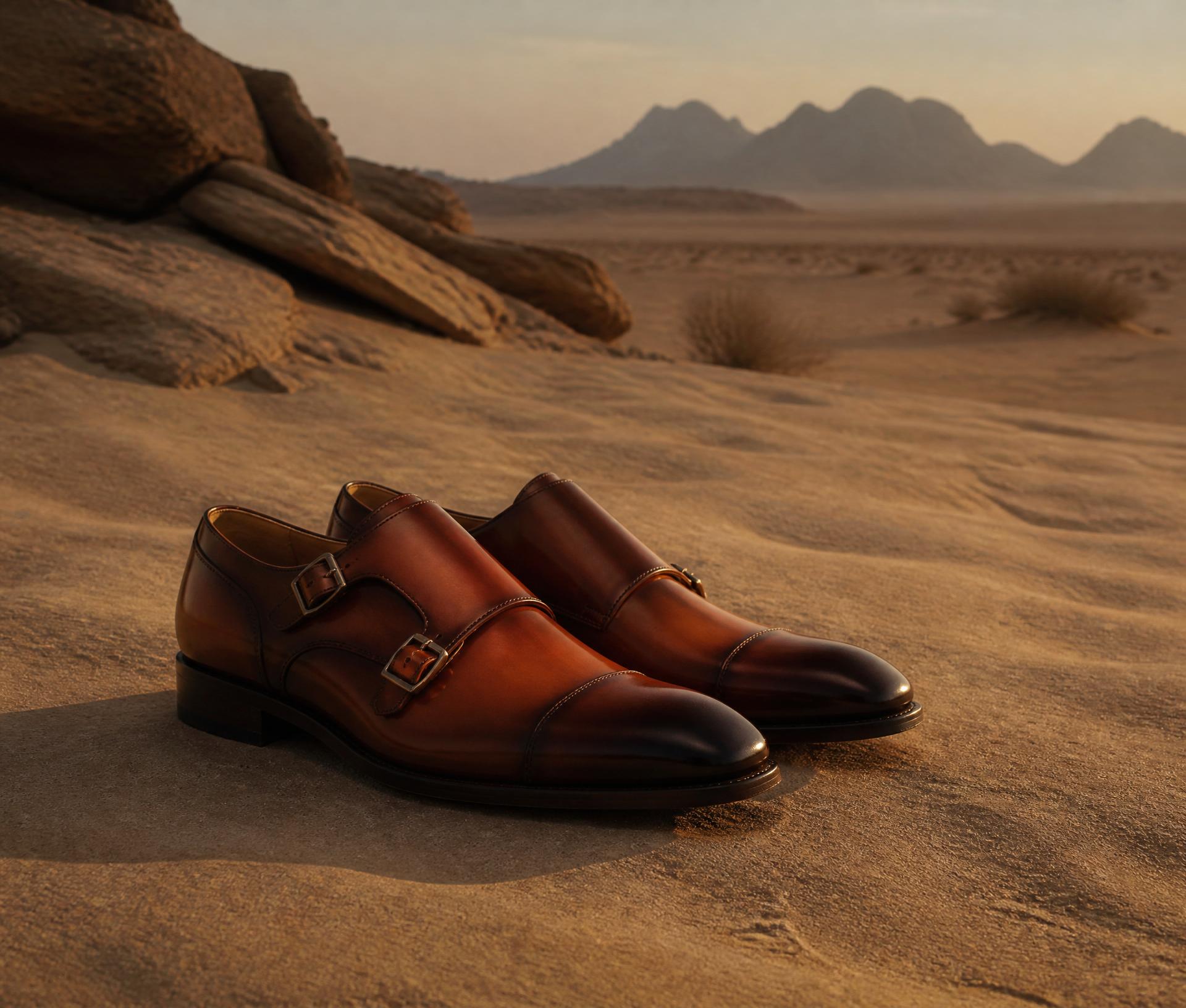 Handcrafted Radici double-monk leather shoes on desert sand at golden hour